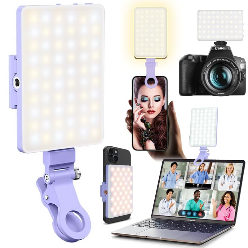 60 LED Portable Selfie Light Video Conference Lighting with Clip & Camera Tripod Adapter Rechargeable 2000mAh CRI 97+, 3 Light Modes for Phone iPhone Webcam Laptop Photo Makeup (Dreamy Blue)