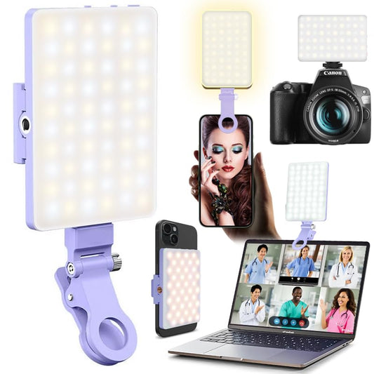 60 LED Portable Selfie Light Video Conference Lighting with Clip & Camera Tripod Adapter Rechargeable 2000mAh CRI 97+, 3 Light Modes for Phone iPhone Webcam Laptop Photo Makeup (Dreamy Blue)