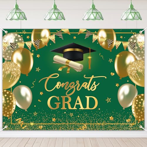 Avezano 7 x 5 ft Graduation Banner Congrats Grad Class of 2026 Backdrop Green Gold Congratulation Graduates Backdrop for 2026 Graduation Party Decorations High School College Prom - color: Green Gold, size: 7x5 ft