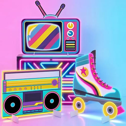Soulchen 3 Pcs 24 Inch Large 80s 90s Photo Booth Props Retro 80s 90s Birthday Party Decorations Boombox Neon Television Roller Skates Frame Backdrop for Hip Hop Musical Party Supplies - style: 80s