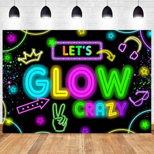 Neon Glow Party Decorations Supplies Backdrop 10x7ft Photography Background with Let's Glow Banner for Birthday Sleepover Graffiti Splash Paint Black Light Kids Photo Booth Vinyl Material - size: 10' x 7'