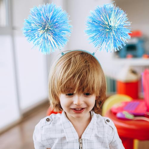 Beavorty Foil Strips Headband with Pom Pom Fluffy Balls - Tinsel Head Bopper Cosplay Hair Accessory - color: Blue