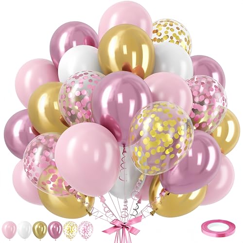 Pink Gold Balloons Set, 12 Inch Pink White Latex Balloons Pink Confetti Helium Balloons Pink and Metallic Gold Party Balloons for Bridal Baby Shower Wedding Girl Women Birthday Decorations - color: Pink Gold
