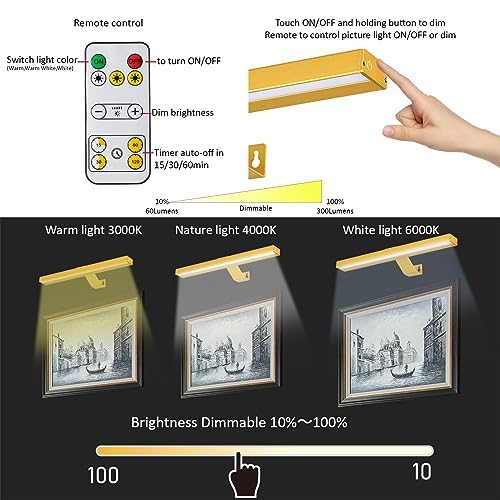 MIOBLUE Wireless Picture Lights with Remote - Rechargeable Battery Art Display Light - 16" Full Metal Accent Light for Paintings - color: -Gold, size: 16inch