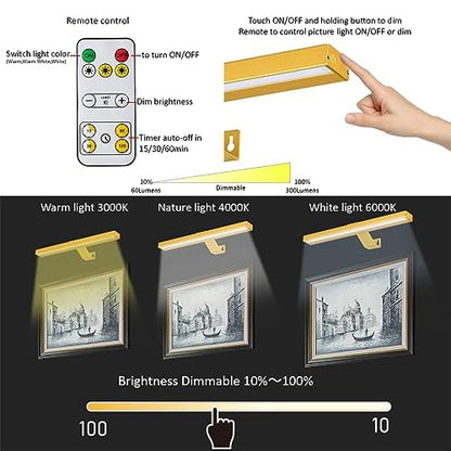 MIOBLUE Wireless Picture Lights with Remote - Rechargeable Battery Art Display Light - 16" Full Metal Accent Light for Paintings - color: -Gold, size: 16inch