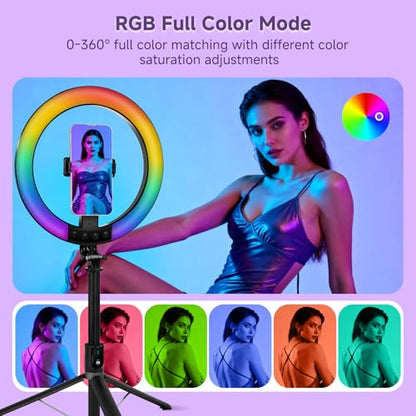 10" Ring Light with Stand 74'' Tall & Phone Holder,RGB Full Color Modes Selfie Light with Extendable Tripod Stand,iPad Holder, Remote for iPhone & Android,YouTube, Makeup,TIKTok, Vlogging