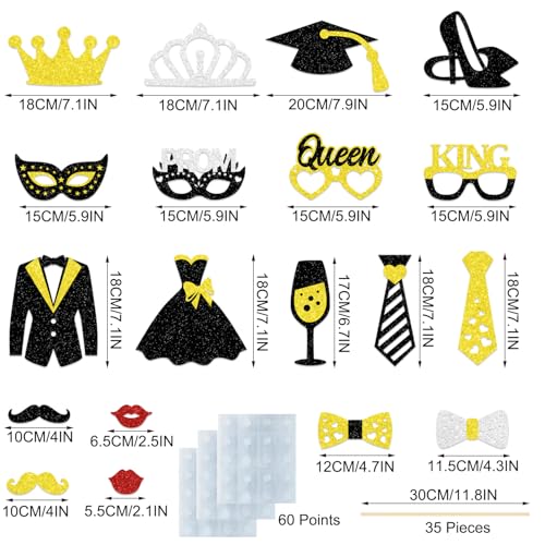 35 Pieces Prom Photo Booth Props Kit Funny Prom Dance Props Sticks High School College Graduation Prom Night Disco Party Decorations Supplies Black Gold Sliver