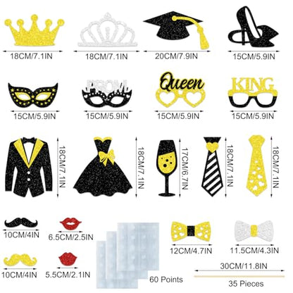 35 Pieces Prom Photo Booth Props Kit Funny Prom Dance Props Sticks High School College Graduation Prom Night Disco Party Decorations Supplies Black Gold Sliver