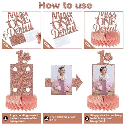 Guiruiy 8Pcs 1st Birthday Decorations Honeycomb Centerpieces for Girls, Pink Rose Gold Glitter First Birthday Photo Table Centerpieces Party Supplies, Pink Sweet One Bday Photo Table Topper - style: Rose Gold 1st