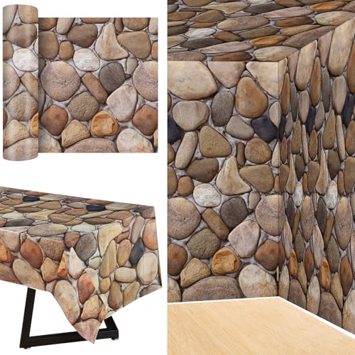 Tegeme 100 ft x 54 Inch Cobblestone Wall Tablecloth Roll Castle Wall Backdrop Disposable Plastic Stone Pattern Table Covers for Medieval Party Supplies Vbs Vacation Bible School Decor - size: 1200" x 54" (Rectangular), style: Cobblestone