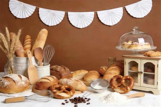 5x3ft Bread Baking Backdrop Rustic Bakery Pretzel Wheat Flour Kitchen Tools Photo Background for Baking Party Bread Shop Food Photography Decor Photo Booth Props Polyester - color: Brown, size: 5x3ft