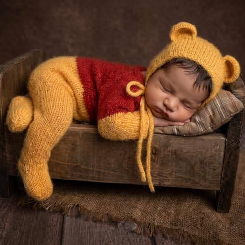 Newborn Baby Photography Props Outfits Cute Bear Hat Romper Set Infant Baby Boy Girl Photoshoot Props Costume ﻿ - color: Yellow