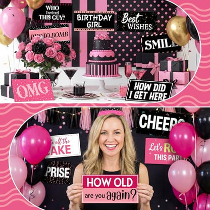 24 Designs Birthday Photo Booth Props 11x5.5 Inch Pink Black Happy Birthday Photobooth Accessoires 40th 50th 60th Funny Holiday Graduation Wedding Party Favors Supplies DIY Waterproof Selfie Sign - color: Black Pink, style: Birthday