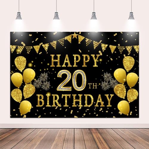 5x3ft Happy 20th Birthday Party Photography Backdrop, Glitter Black and Gold Balloons Background for Woman Man 20 Bday Shining Diamond Twenty Years Old Birthday Party Supplies - color: 20th, size: 5x3ft