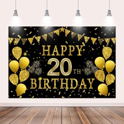 5x3ft Happy 20th Birthday Party Photography Backdrop, Glitter Black and Gold Balloons Background for Woman Man 20 Bday Shining Diamond Twenty Years Old Birthday Party Supplies - color: 20th, size: 5x3ft