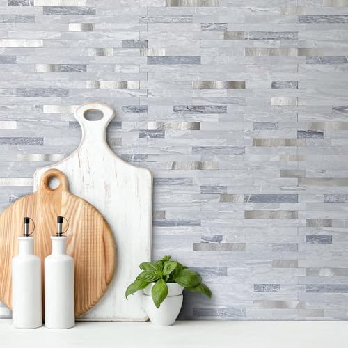 AULIGET Faux Stone Peel and Stick Backsplash, Light Grey Marble Look PVC Mixed Metal Wall Tiles Stick on Backsplash - color: Light Grey + Metal Silver, size: 2 Sheets, 6"x12"x0.12"