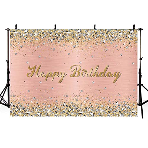 AIBIIN 8x6ft Happy Birthday Backdrop Rose Gold Pink Golden Dots Crystal Diamond Photography Background Girl Birthday Party Decorations Banner Cake Table Photo Booth Props - color: Rose Gold, size: 8X6ft