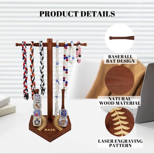 rain bunny Wooden Baseball or Softball Drip Necklace Organizer Holder, Championship Ring Display Holder, Softball Ring Holder, Drip Necklace Baseball Display Gift (Walnut Red) - color: Walnut Red