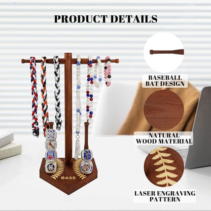 rain bunny Wooden Baseball or Softball Drip Necklace Organizer Holder, Championship Ring Display Holder, Softball Ring Holder, Drip Necklace Baseball Display Gift (Walnut Red) - color: Walnut Red