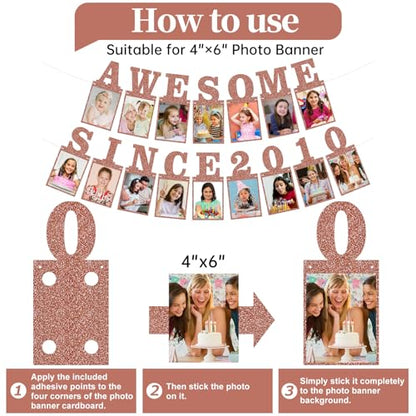 Pre-strung Awesome Since 2010 Photo Banner Birthday Decorations for Girls Women- Pink Rose Gold Glitter Sweet 16th Birthday and Anniversary Decorations Party Supplies - style: Pink Rose Gold 16th
