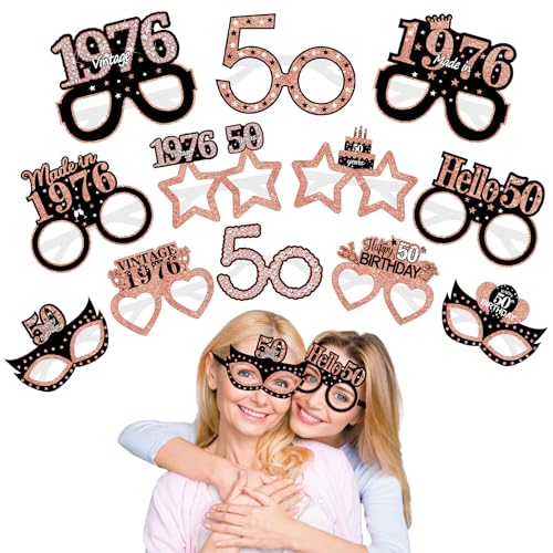 Turypaty 12Pcs 1976 50th Birthday Paper Glasses Decorations for Women - Rose Gold Happy 50th Birthday Paper Eyeglasses Photo Props Gifts, Vintage 1976 50 Years Old Birthday Party Supplies - style: Rose Gold 50th