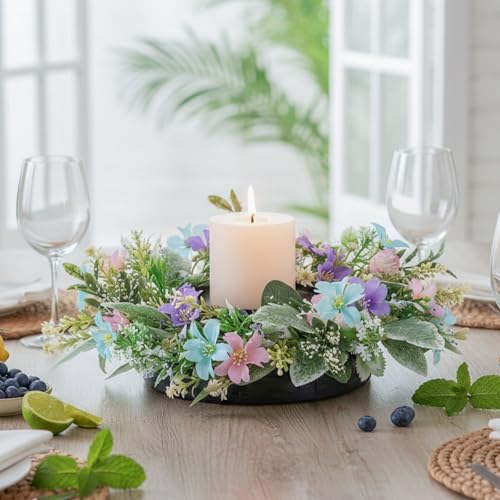 MOYEE Candle Holder Centerpieces for Tables,Candle Ring,Wreaths, Black Metal Paired Artificial Flowers 14 in Versatile Dining Table Centrepiece (Blue Purple Combination) - color: Blue and Purple Flower Wreath