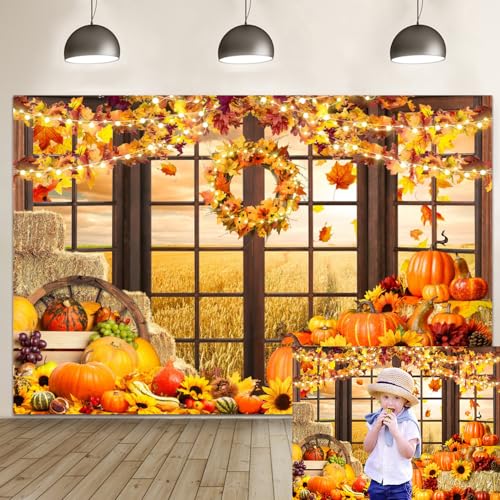 Fall Thanksgiving Backdrop for Photography Autumn Window Pumpkin Harvest Photo Backdrop 10x8ft Maple Leaves Haystack Wheat Field Harvest Background Birthday Party Event Studio Props Banner - color: NWH20204