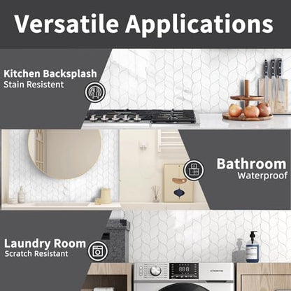 Tilingview 10-Sheet Peel and Stick Backsplash Tile for Kitchen, Self-Adhesive Mosaic Glossy Leaf Stick on Wall Tile with Gaps (Calacatta White) - color: Leaf Gaps Calacatta White