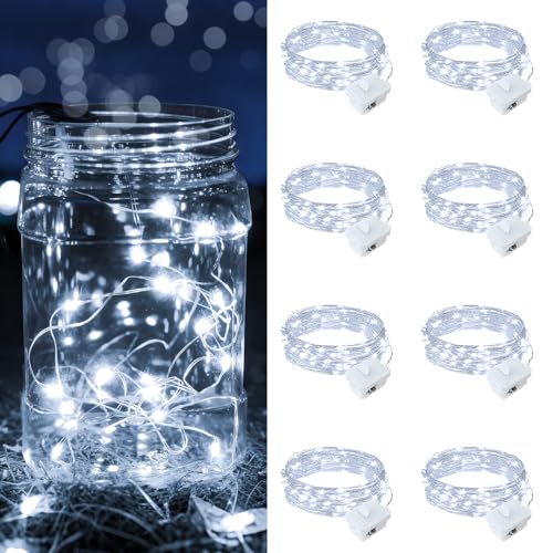 8 Pack White Fairy Lights Battery Operated, 7ft 20 LED Mini String Twinkle Lights for Christmas Halloween Mason Jars Party Centerpiece Table Decorations (8, White) - color: White