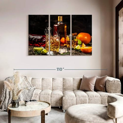 ElephantStock - Citrus Whiskey And Cigar Wall Art - Horizontal Multi Panel Canvas - 3 Piece Living Room Wall Decor - Photography Food And Drink Multi Piece Wall Art - Brown And Gray Decor - 74" x 48" - size: 74L" x 48W"