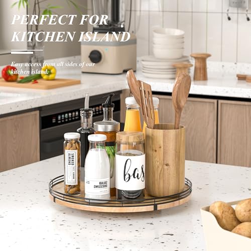 16" Lazy Susan Oak Wood Turntable Organizer for Cabinet, Farmhouse Round Wooden Large Lazy Susan Organization and Storage for Dining Table, Pantry, Kitchen, Bathroom, Countertop, Cupboard, Home Decor - color: Brown & Black, size: 16 inches