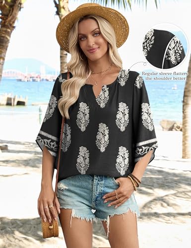 LOMON Women's 3/4 Length Sleeve Boho Tops V Neck Casual Vacation Clothes Loose Fit Tunic Shirts S-3XL - color: Black Floral, size: Small