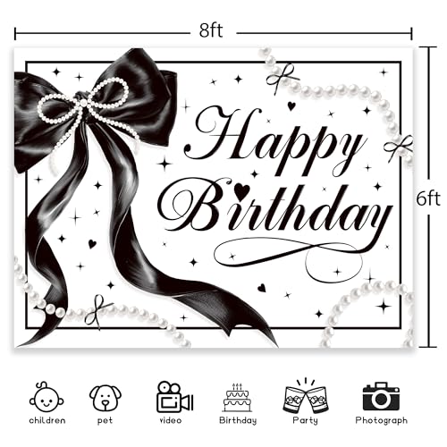 Newsely Black Bow Happy Birthday Banner Backdrop 8Wx6H Photography Bowknot Balloons Pearls Pretty for Women Girly Female Background Aesthetic Bday Party Decorations Banner Photo Booth Props Supplies - color: F-black bow, size: 8Wx6H
