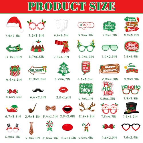 40Pcs Christmas Photo Booth Props, Christmas Party Favors, Fun Santa Gingerbread Snowman Holiday Prop for Photoshoot, Xmas Backdrop Accessories for Holiday Winter Party Supplies