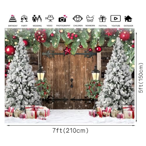 Christmas Backdrop Snow Scene barn Door Background Pine Garland Christmas Trees Gifts Lanterns Red Gold Ornament Winter Photography Backdrop Xmas Party Banner Home Wall Decoration 7X5ft 114 - size: 7x5ft