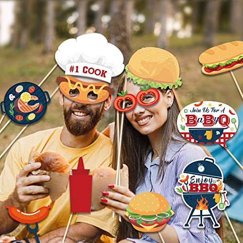 25 Pcs BBQ Photo Booth Props with Stick,Burger BBQ Party Decorations Cookout Themed Picnic Decorations Reunions Fun Selfie Props