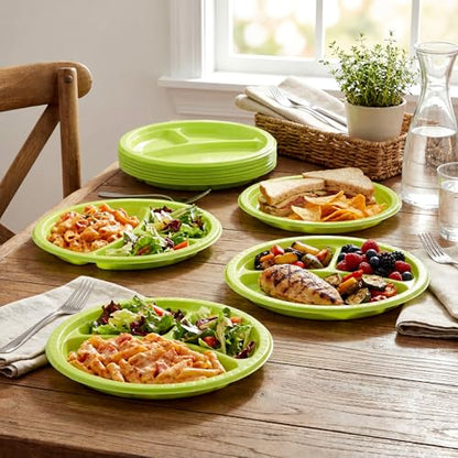 Umigy 100 Pcs 10 Inch 3 Compartments Divided Plastic Plates Bulk Colorful Disposable Heavy Duty Round Dinnerware for Party Valentine Wedding Birthday (Green) - color: Green