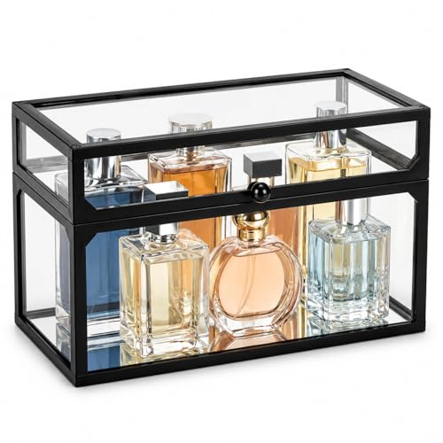 Cologne Organizer for Men, Glass Perfume Organizer Box with Flip Top Lid, Dustproof Perfume Storage Case, Clear Cologne Holder for Vanity, Bathroom Countertop, Watch, Jewelry, Fragrance Display, Black