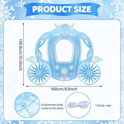Snowflake Princess Carriage Photo Prop Background Winter Wonderland Selfie Frame Photography Blue Carriage Backdrop Banner 63" Fairy Tale Photo Booth for Winter Snow Holiday Birthday Party Decoration