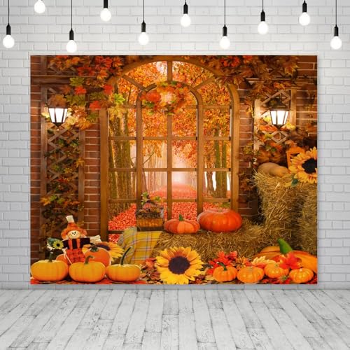 Fall Thanksgiving Backdrop Autumn Pumpkin Harvest Window Backdrop for Photography Background 10x8ft Maple Leaves Forest Haystack Photo Backdrop Kids Baby Birthday Party Portrait Prop Banner - color: NSW12879