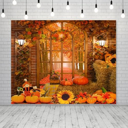 Fall Thanksgiving Backdrop Autumn Pumpkin Harvest Window Backdrop for Photography Background 10x8ft Maple Leaves Forest Haystack Photo Backdrop Kids Baby Birthday Party Portrait Prop Banner - color: NSW12879