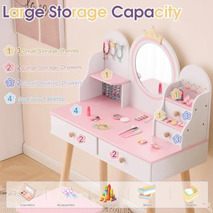 Kids Vanity Set with Jewelry Organizer for Princess, Girls Vanity Table and Chair Set with Drawers & Necklace Hooks, Toddler Makeup Dressing Table with Open Shelves, White