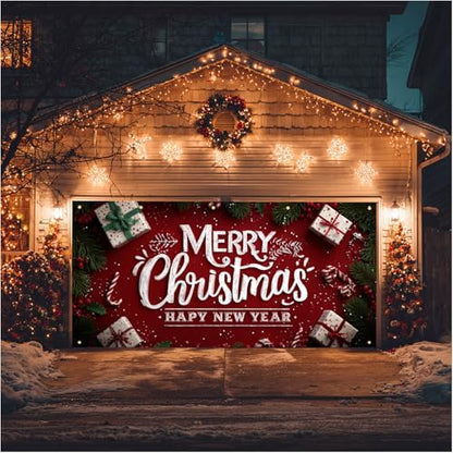 HOMETITUTE Christmas Garage Door Cover 13x6ft Merry Christmas Happy New Year Lettering Holiday Banner Red Green Gift Boxes Candy Canes Winter Backdrop Seasonal Wall Display Outdoor Indoor Party - color: Garage Banner#9