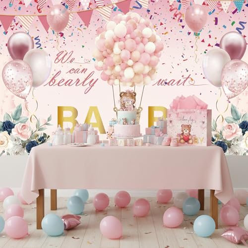 We Can Bearly Wait Backdrop - Pink Baby Shower Banner Pink Bear Hot Air Balloon Design Baby Shower Party Decorations Photo Background for Girl Newborn First Baby Photo Booth Prop 71x43 Inch - color: Pink Bear