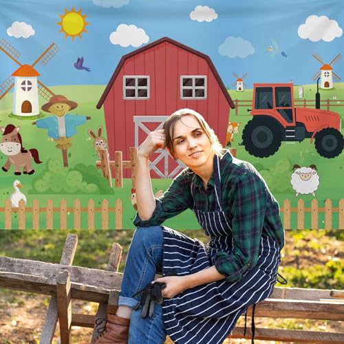 Farm Backdrop, 72x43inch Farmhouse Barn Backdrop, Farm Birthday Decorations, Rustic Farm Animals Photography Background Party Decorations for Boys and Kids Baby Shower Banner Newborn Photo Props