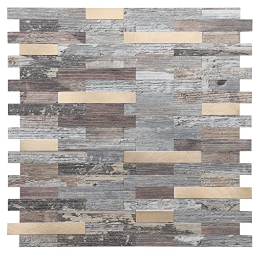 STICKGOO Peel and Stick Backsplash, PVC Wall Tiles Stick on Backsplash for Kitchen(1 Sheet, Distressed Wood with Metal Gold) - color: Distressed Wood with Metal Gold