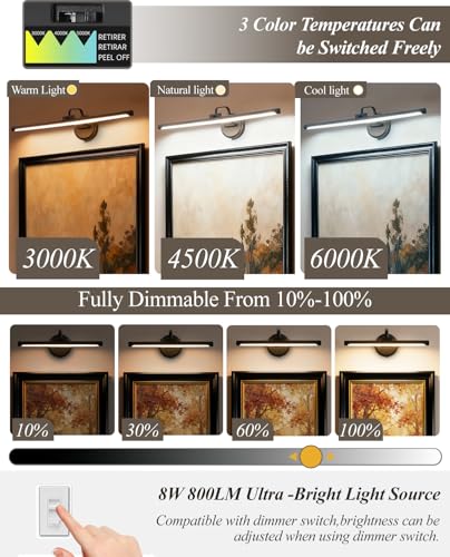Hardwired Picture Light for Wall, 24 Inch Modern Black Dimmable Frame Light with Adjustable Swing Arm, 3CCT LED Art Display Light for Paintings,120 Volts Gallery Wall Light, Hallway Vanity Light, 8W - color: Black, size: 24" Long Dimmable