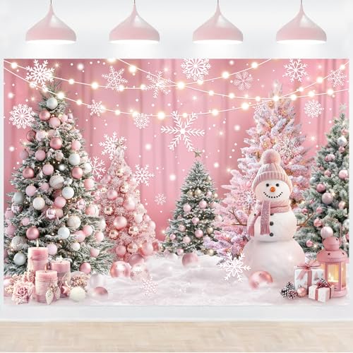 InMemory Pink Winter Wonderland Backdrop Christmas Snowy Forest Trees Snowflake Snowman Background for Photography Xmas Holiday Party Decoration Prop Banner 6x4ft - color: Pink