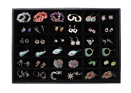 Wudygirl 36 Grid Jewelry Tray Showcase Display Stackable Jewelry Organizer for Earrings Brooch Buttons Rings, Black Velvet Removable (Jewelry Tray) - color: Black 36 Grid, size: 1 Pcs