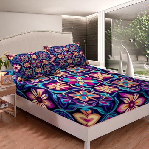 Feelyou Boho Bed Sheets Set Full Size Southwestern Geometric Bedding Set for Kids Boys Girls Southwest Native American Design Sheets with Deep Pocket Fitted Sheet Tribal Bedding Set - color: Aubergine, size: Full